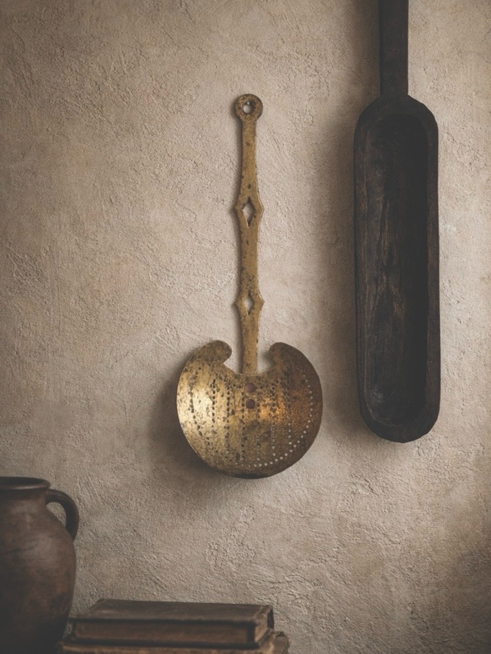 Antique Brass Skimmer Ladle Crescent Pierced Kitchen Decor